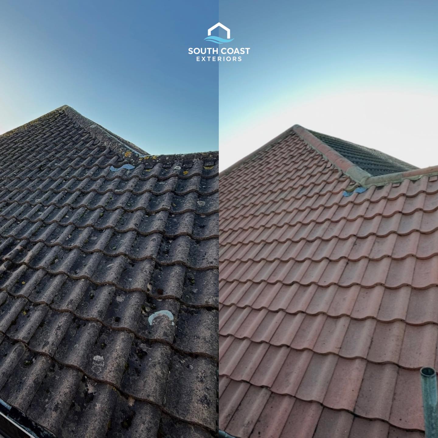 Roof cleaning before and after — moss removed, tiles restored — South Coast Exteriors