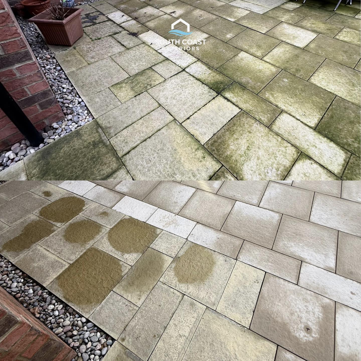 Patio cleaning before and after — algae and green staining removed — South Coast Exteriors
