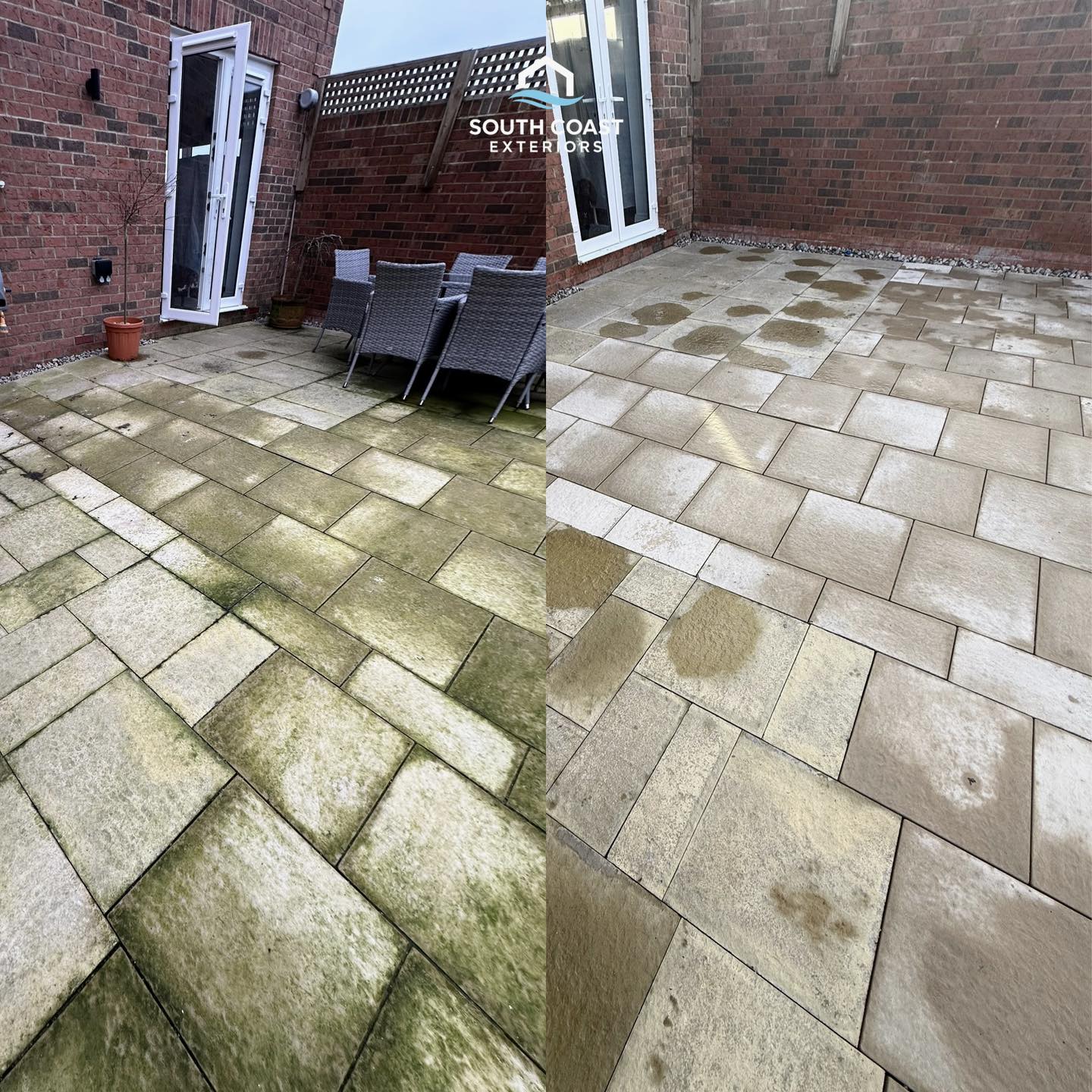 Patio before and after — Indian sandstone restored — South Coast Exteriors